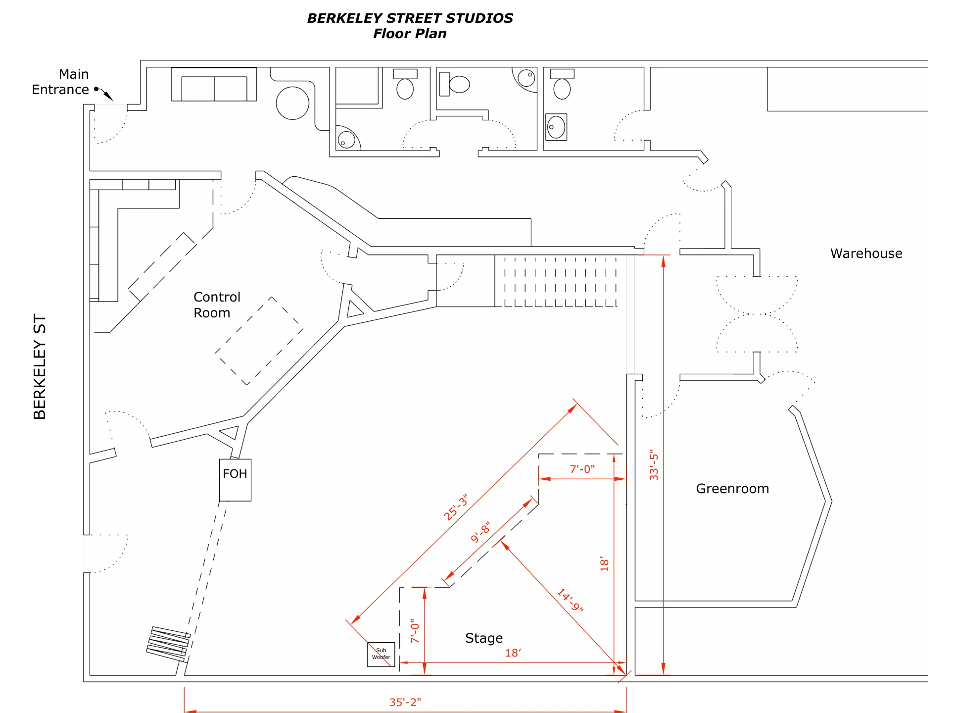 Floor plan of Clearmountain's Berkeley Street Studios showing the corner stage, FOH position, control room, greenroom and main entrance on Berkeley Street