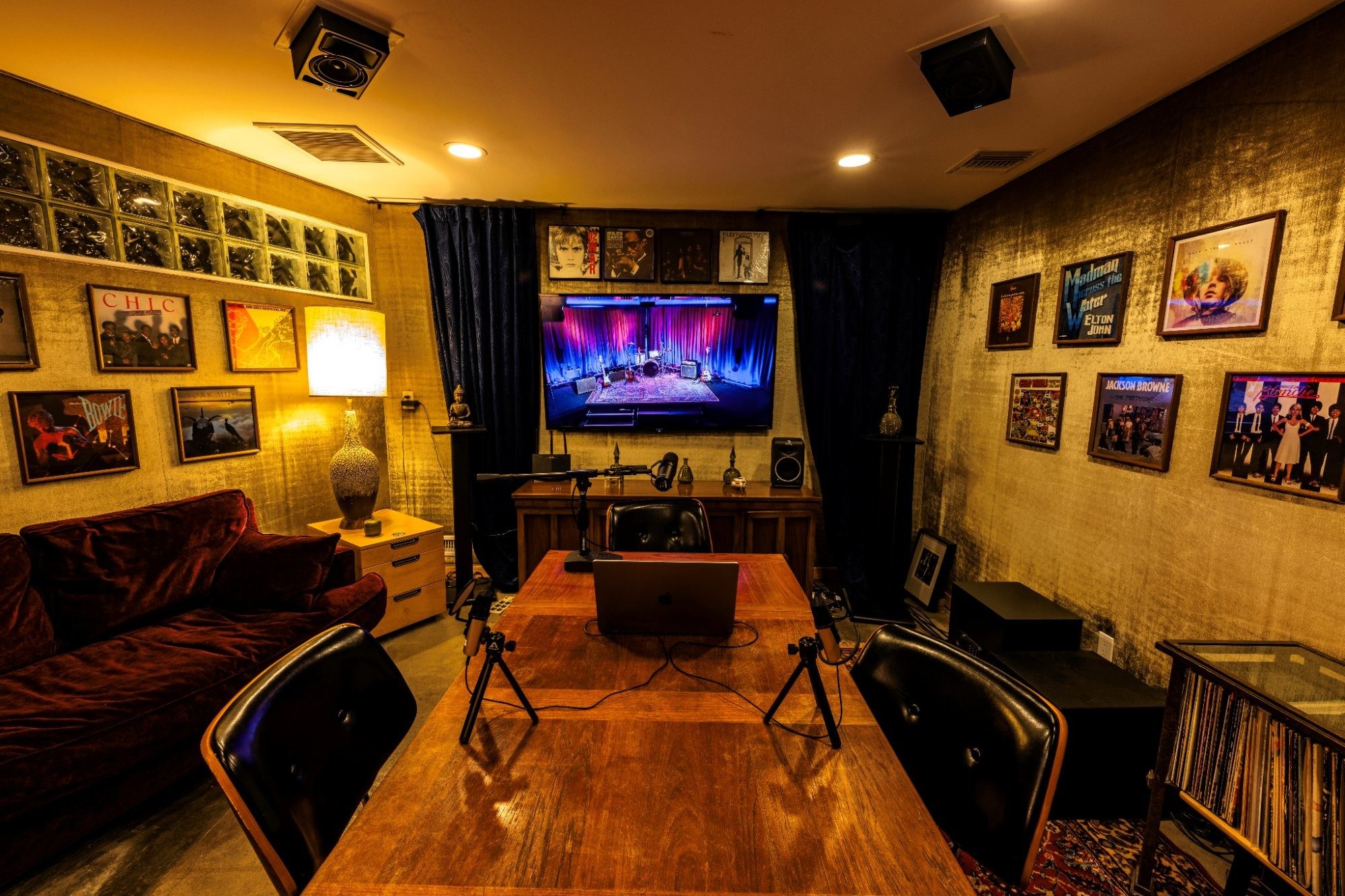 Studio G podcast recording setup with professional microphones, Clearmountain's Berkeley Street Studios