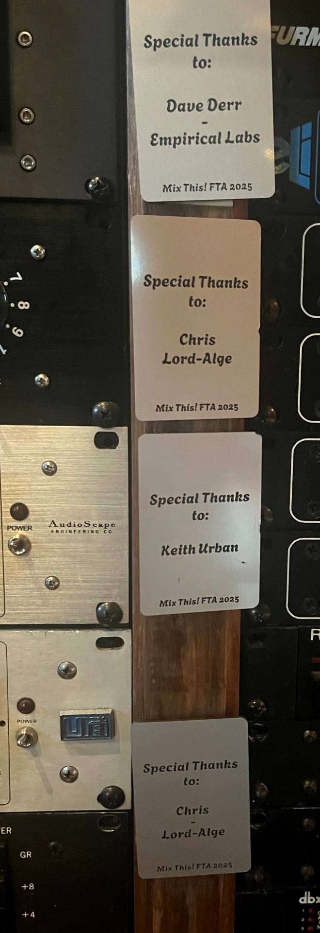 Special thanks plaques on Mix This! studio rack, Mix This! FTA 2025
